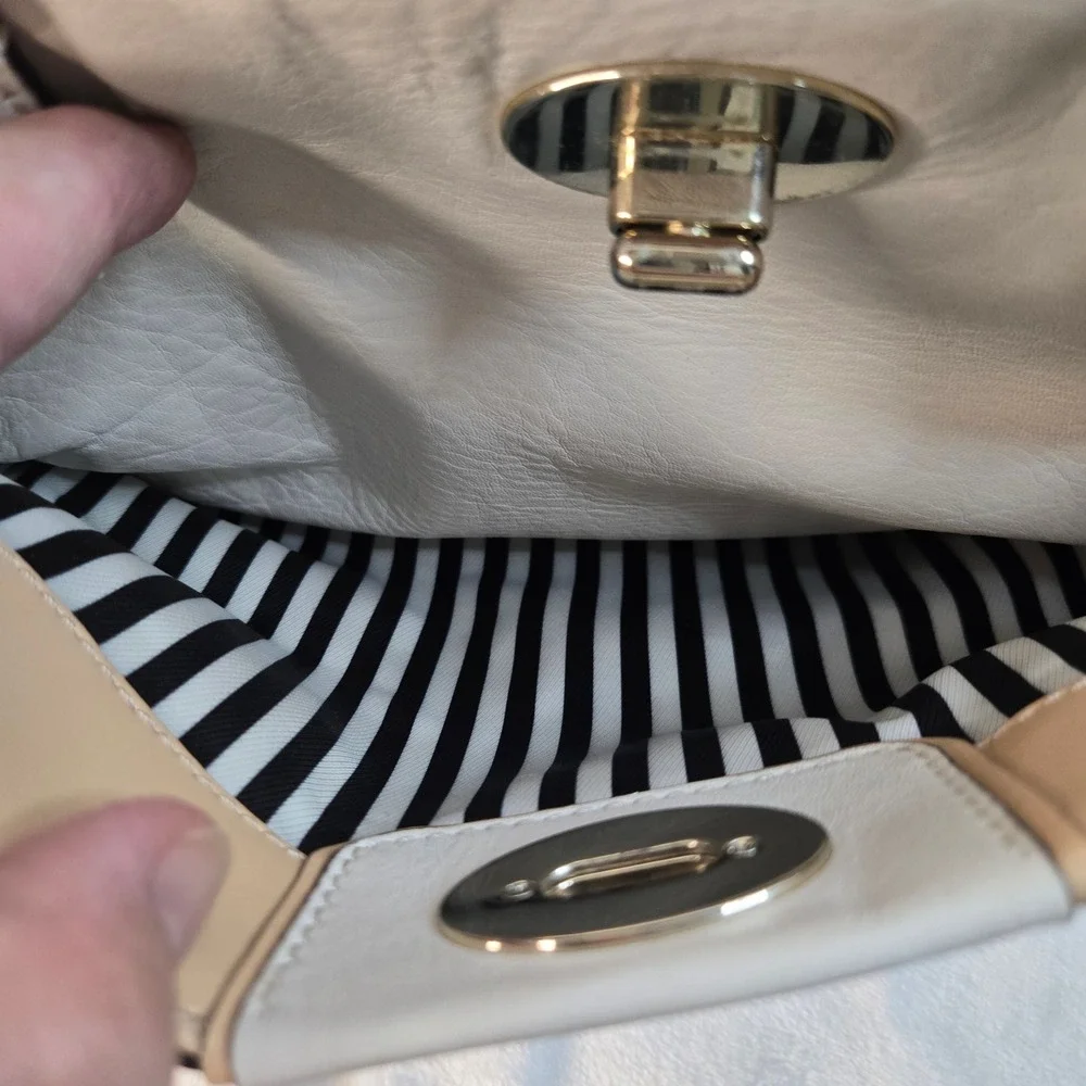 vintage Kate Spade NY White Leather Tote Bag Turn Lock Pocket Striped Lining